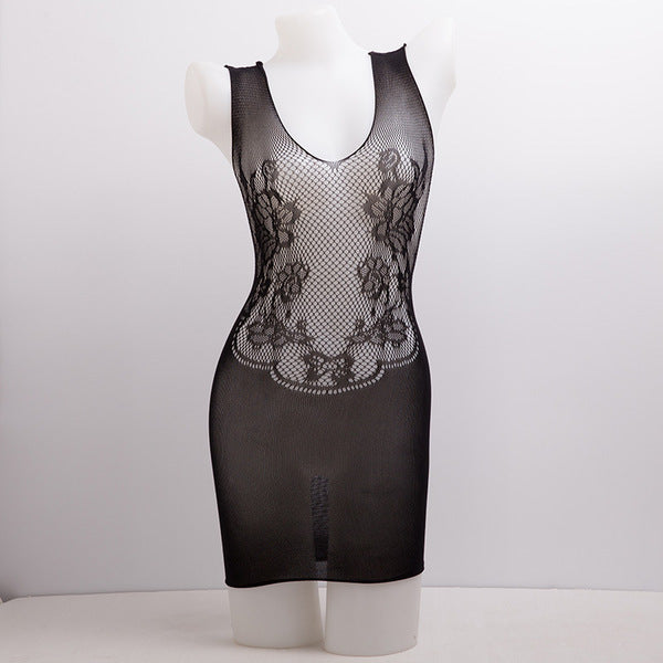 Black Lace Floral Fishnet Mini Dress – Sheer Elegance Redefined