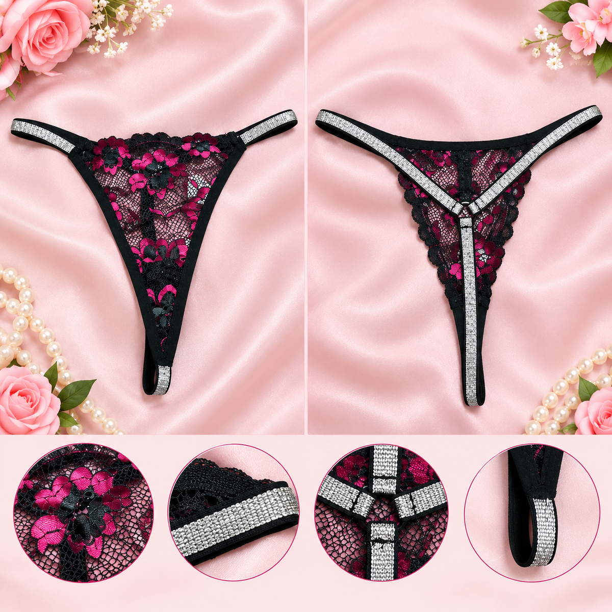 Black floral lace thong panty with pink embroidery and rhinestone waistband
