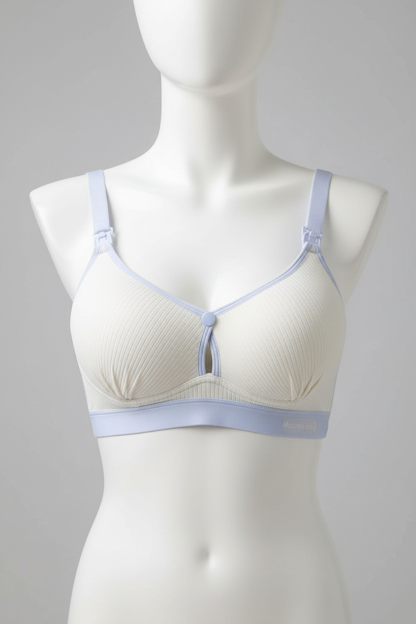 Ivory ribbed nursing bra with nursing clips displayed on a mannequin