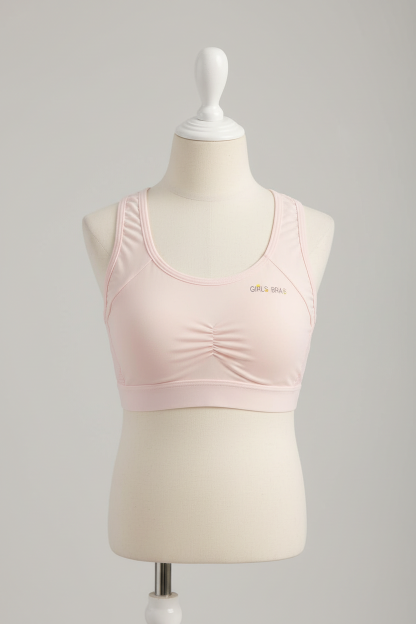 Light pink girls comfort bra displayed on a retail apparel form