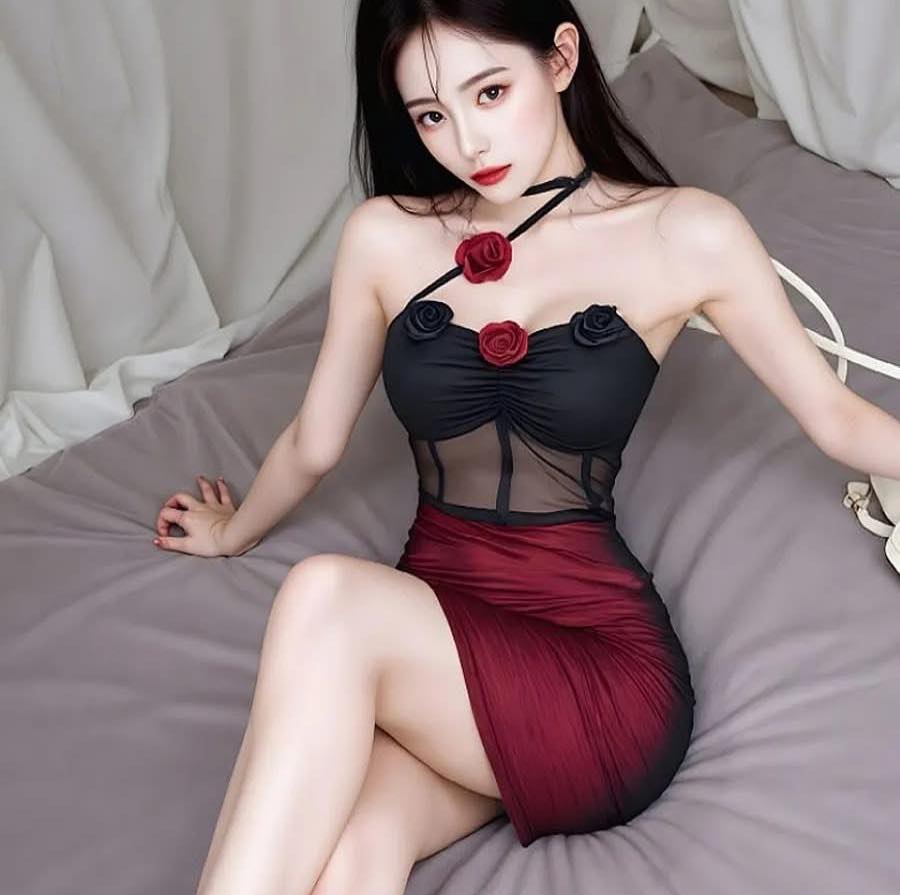 Black and Burgundy Rose Detail Dress