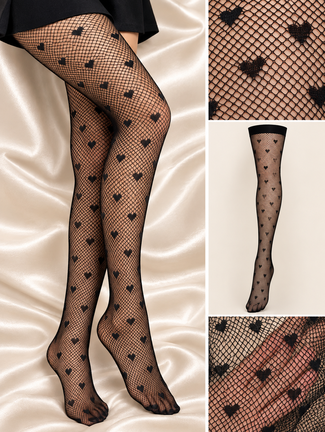 Black fishnet stockings with embroidered heart pattern and wide elastic top band