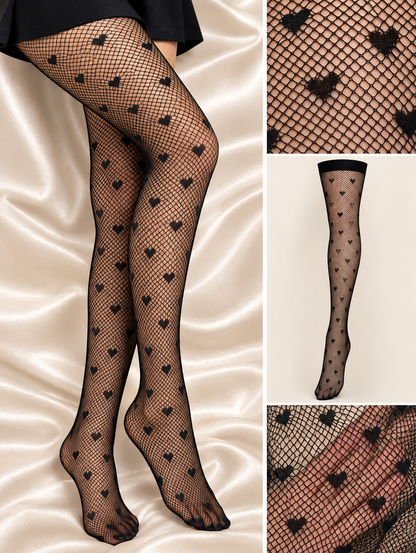 Black fishnet stockings with embroidered heart pattern and wide elastic top band