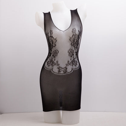 Black Lace Floral Fishnet Mini Dress – Sheer Elegance Redefined