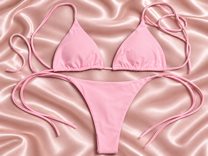 Blush pink triangle bikini set with tie-up top and tie-side string bottom
