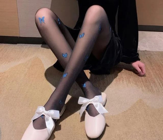 Butterfly Design Black Stockings for Women
