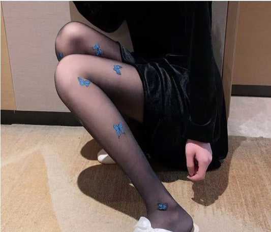 Butterfly Design Black Stockings for Women