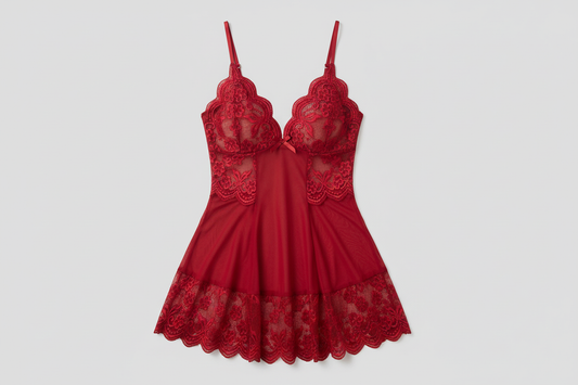 Red lace babydoll displayed alone on a neutral studio background