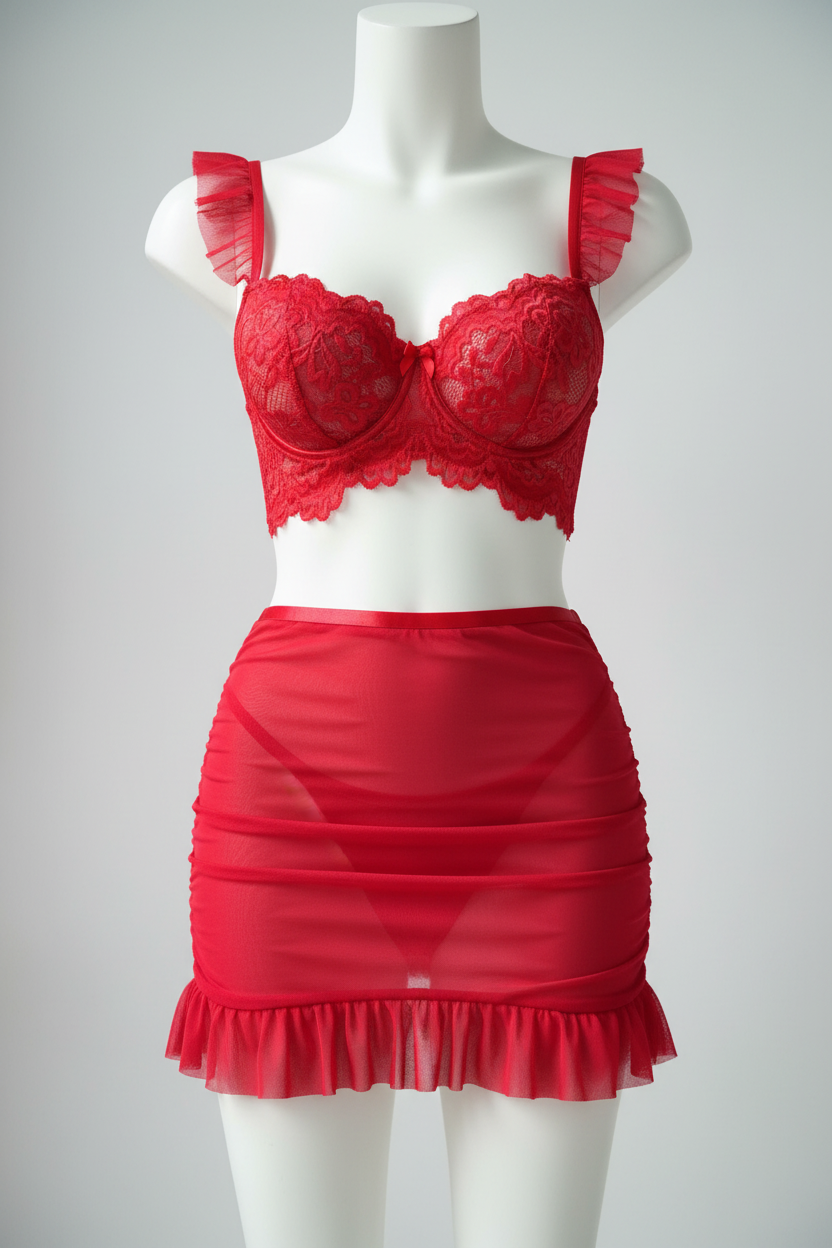 Front view of a red lace lingerie set with a ruffle skirt displayed on a mannequin