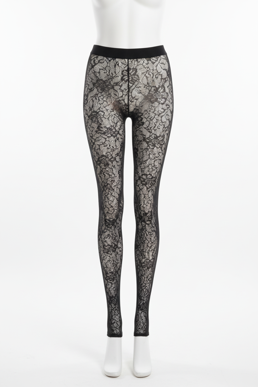 Black floral lace tights displayed on a white mannequin