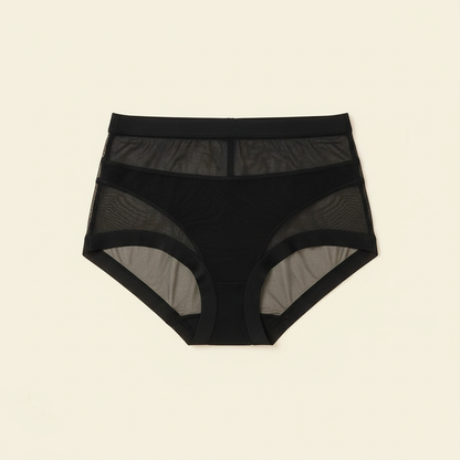 Black sheer mesh high-waist brief laid flat on a light background