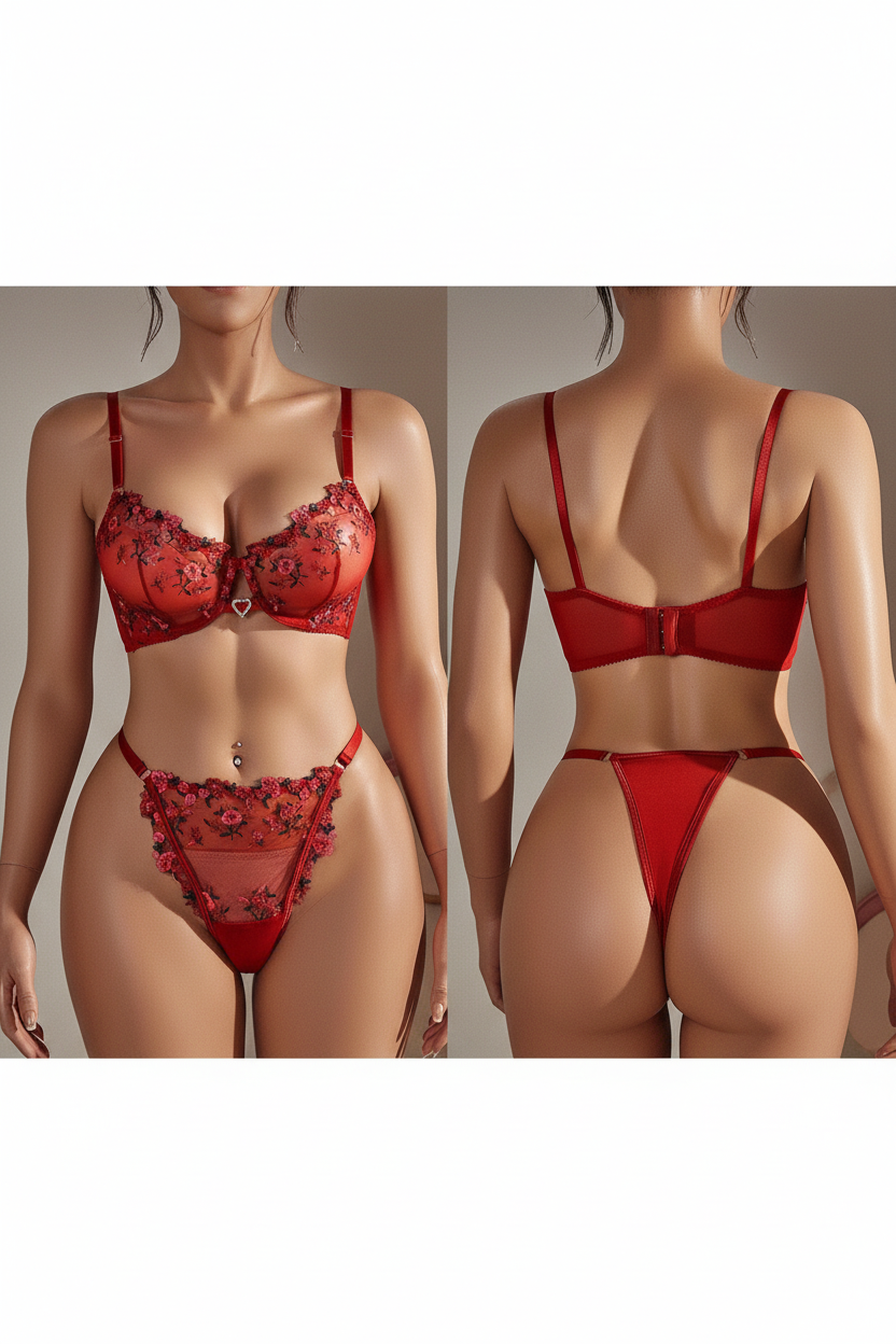 Red floral-embroidered lingerie set displayed on a faceless mannequin