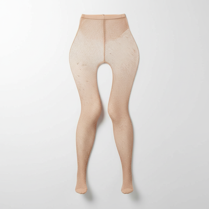 Women's skin-tone fishnet tights displayed on a clean studio background