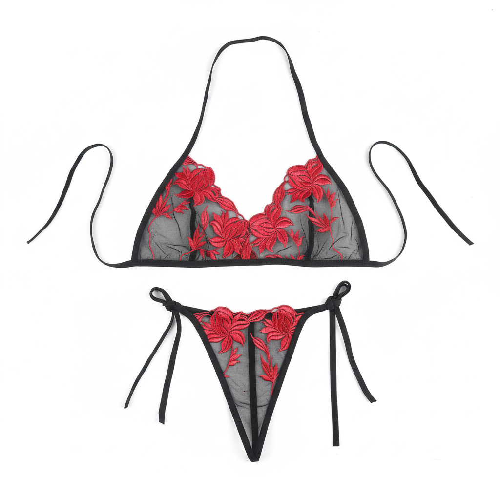 Black lace lingerie set with red floral embroidery on a white background