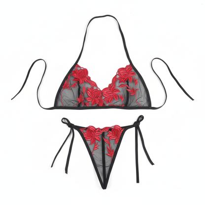 Black lace lingerie set with red floral embroidery on a white background