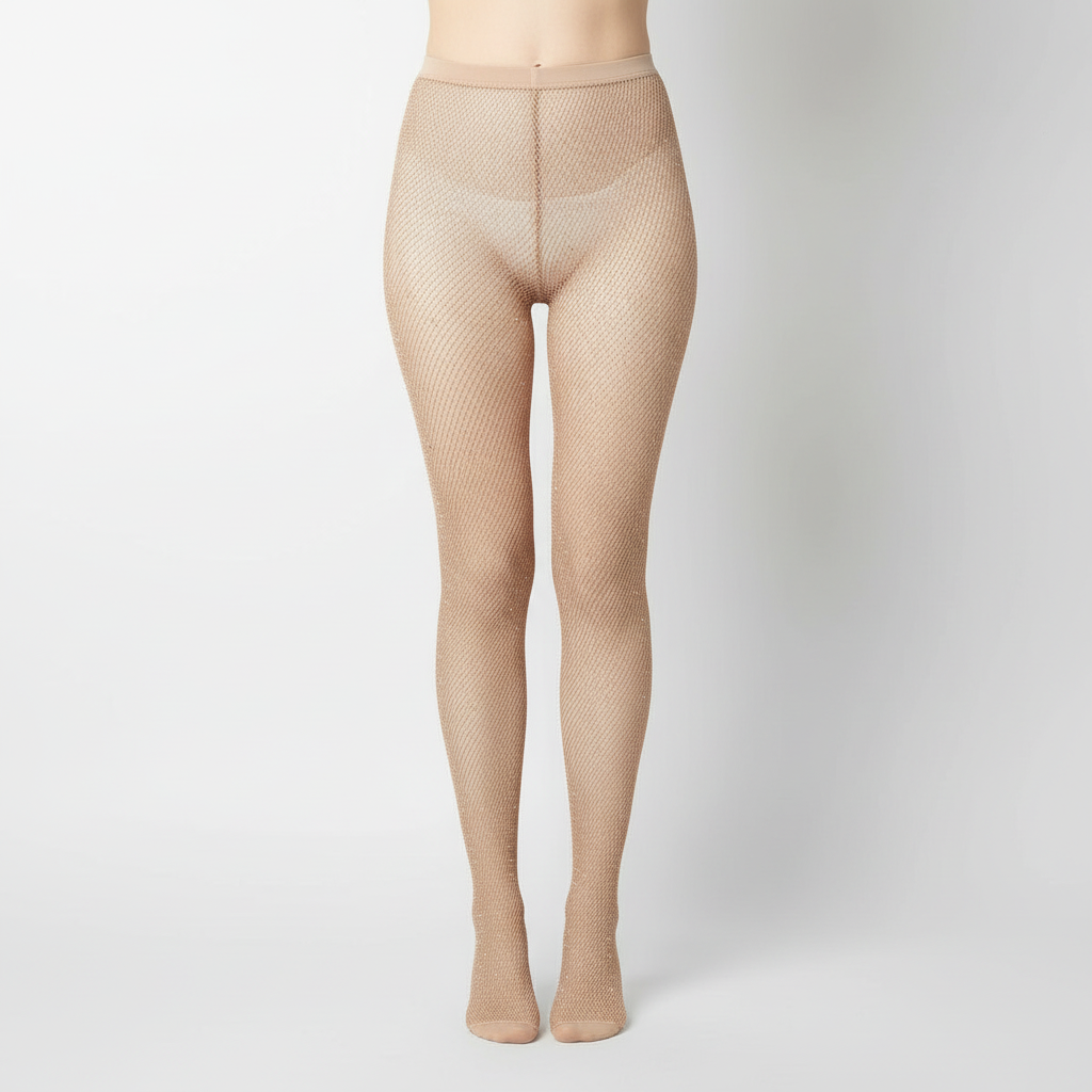 Women's skin-tone fishnet tights worn on straight legs in a clean studio setting
