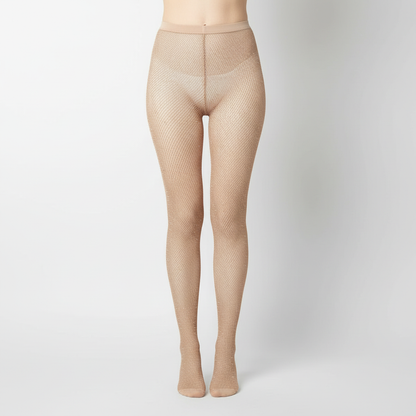 Women's skin-tone fishnet tights worn on straight legs in a clean studio setting