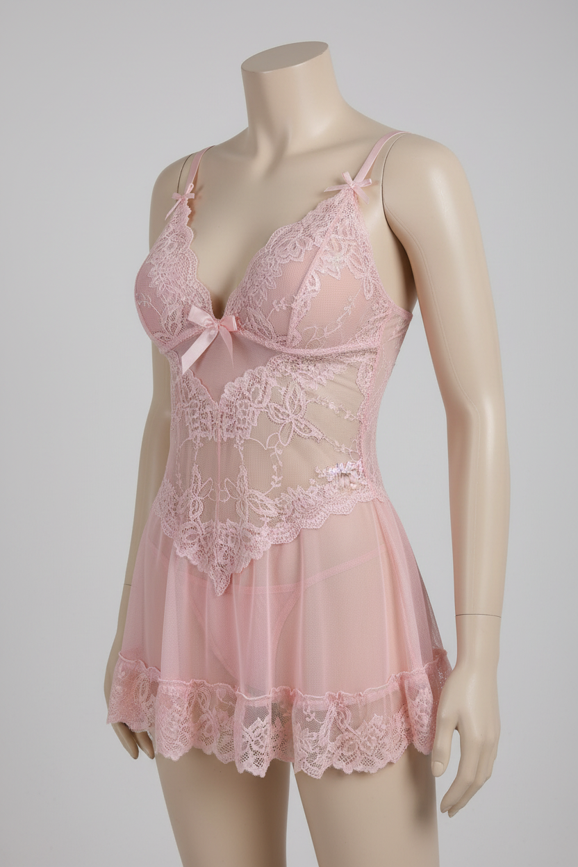 Blush pink lace babydoll lingerie set displayed on a mannequin