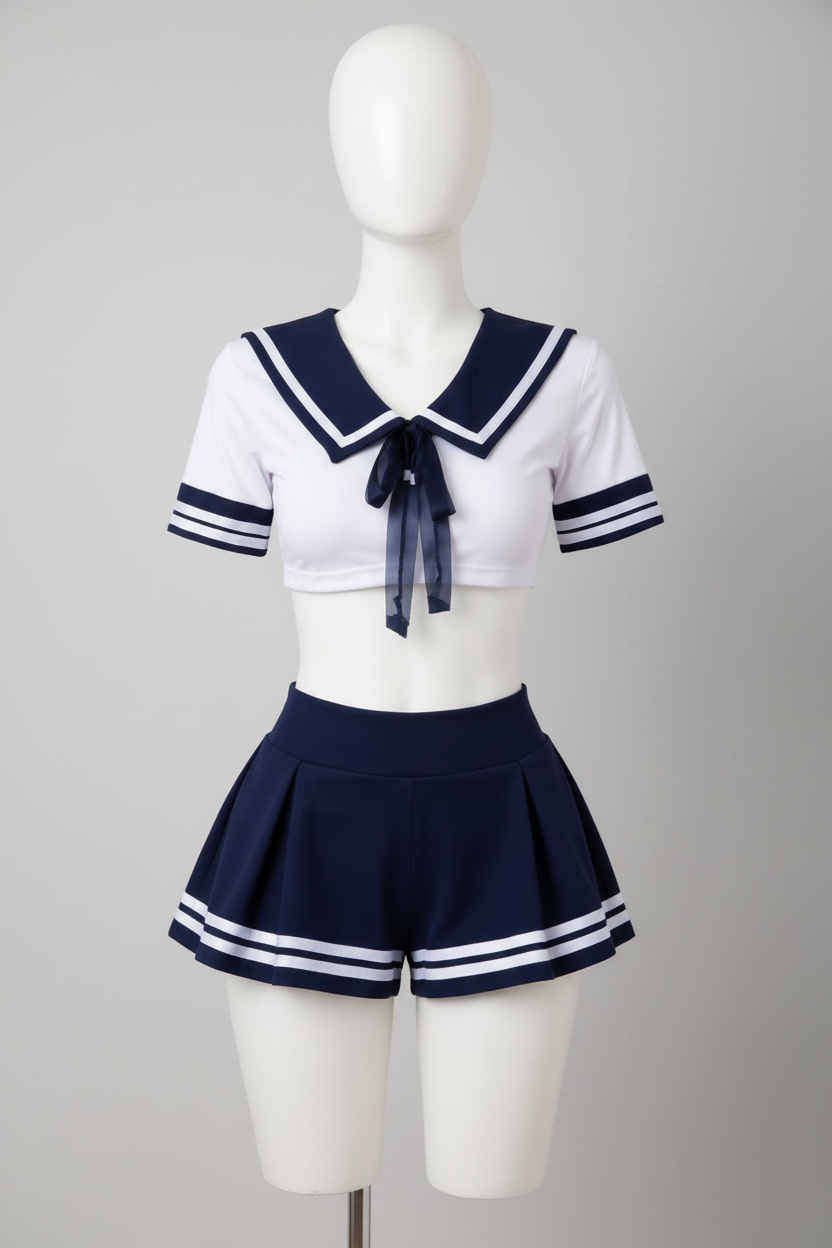 Navy-and-white sailor-style two-piece set displayed on a faceless mannequin