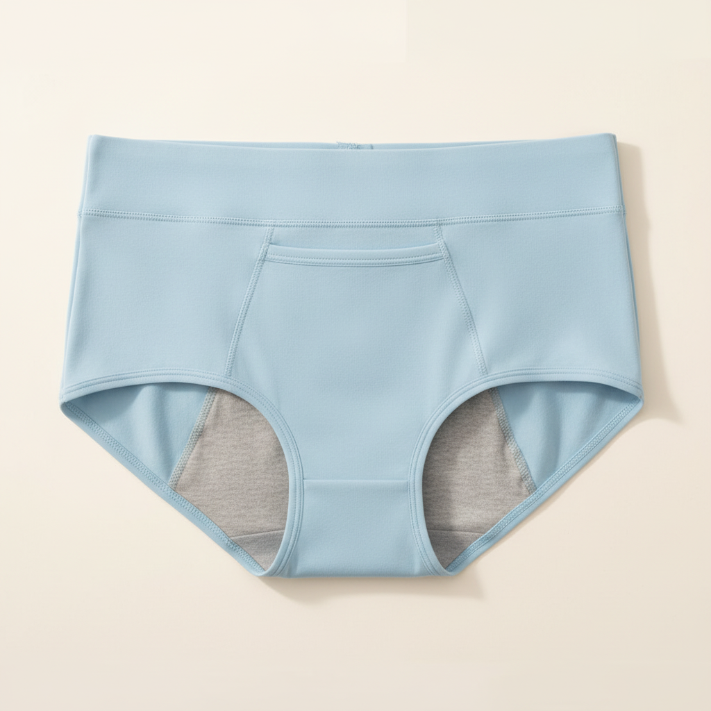 Light blue full-coverage period panty displayed in a clean catalogue-style product image