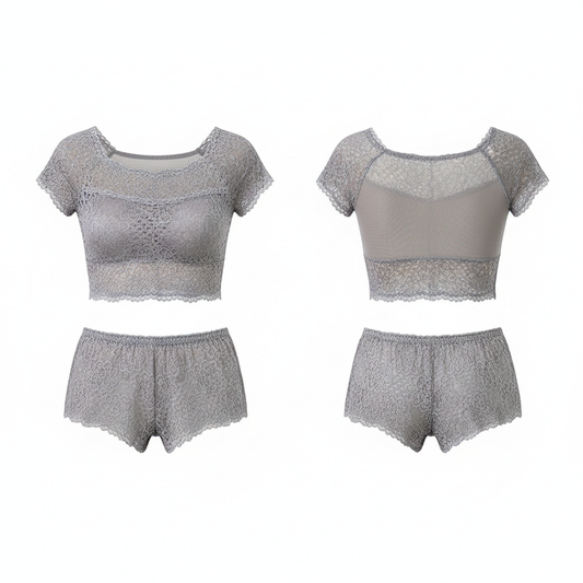 Grey lace crop top and matching boyshorts shown on a white background