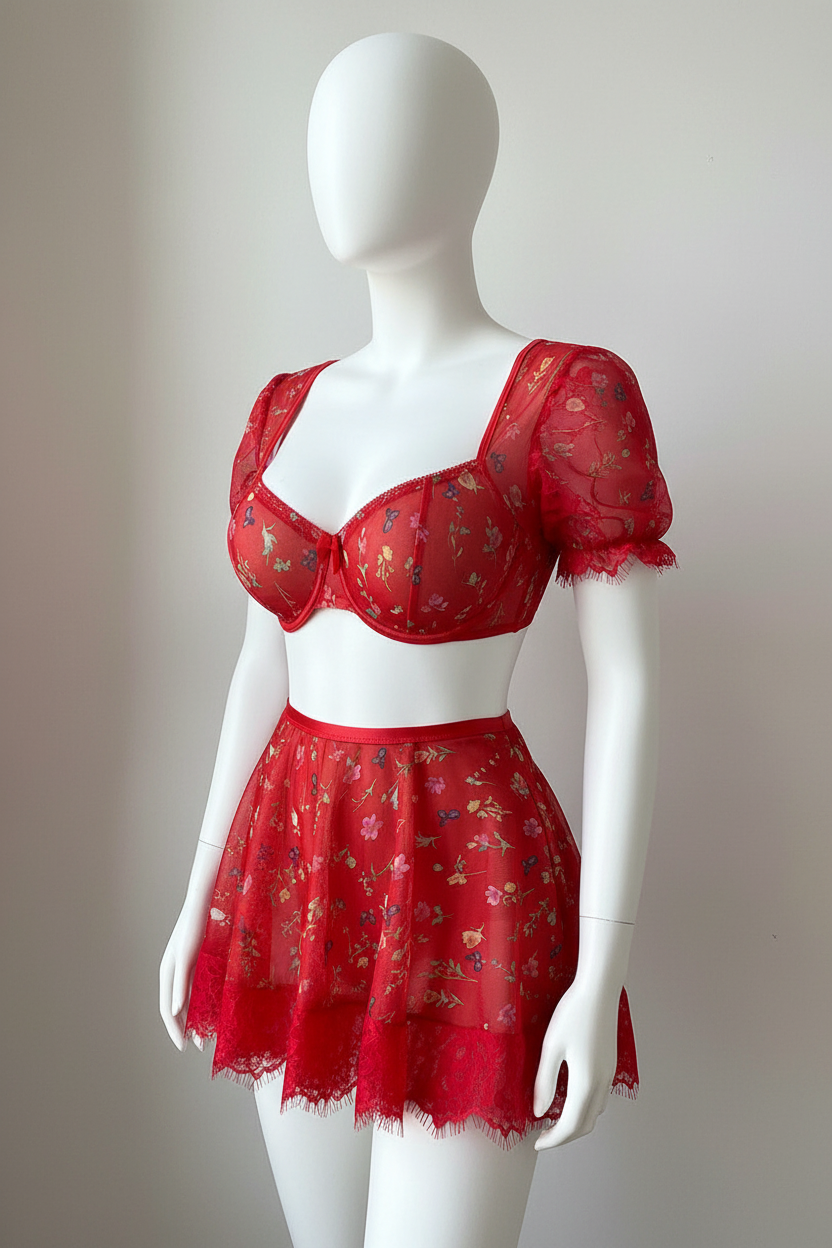 Red floral puff-sleeve two-piece skirt set displayed on a covered dress form