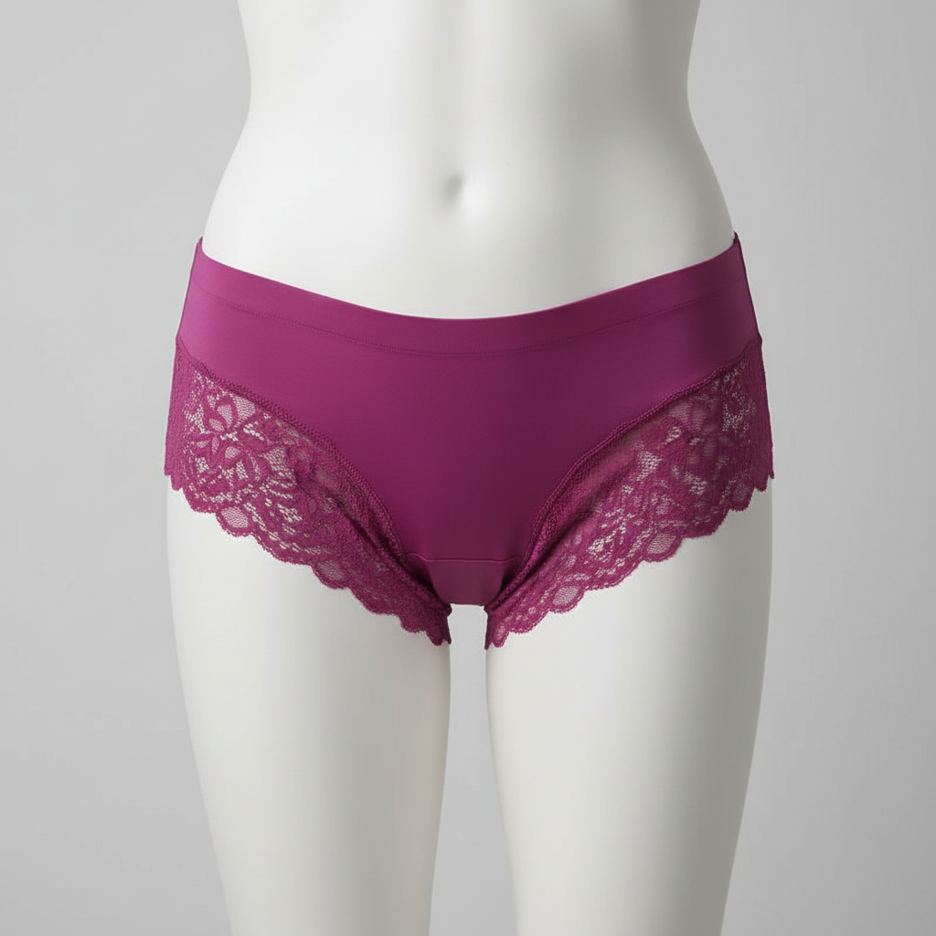 Magenta women's lace brief panty displayed on a mannequin