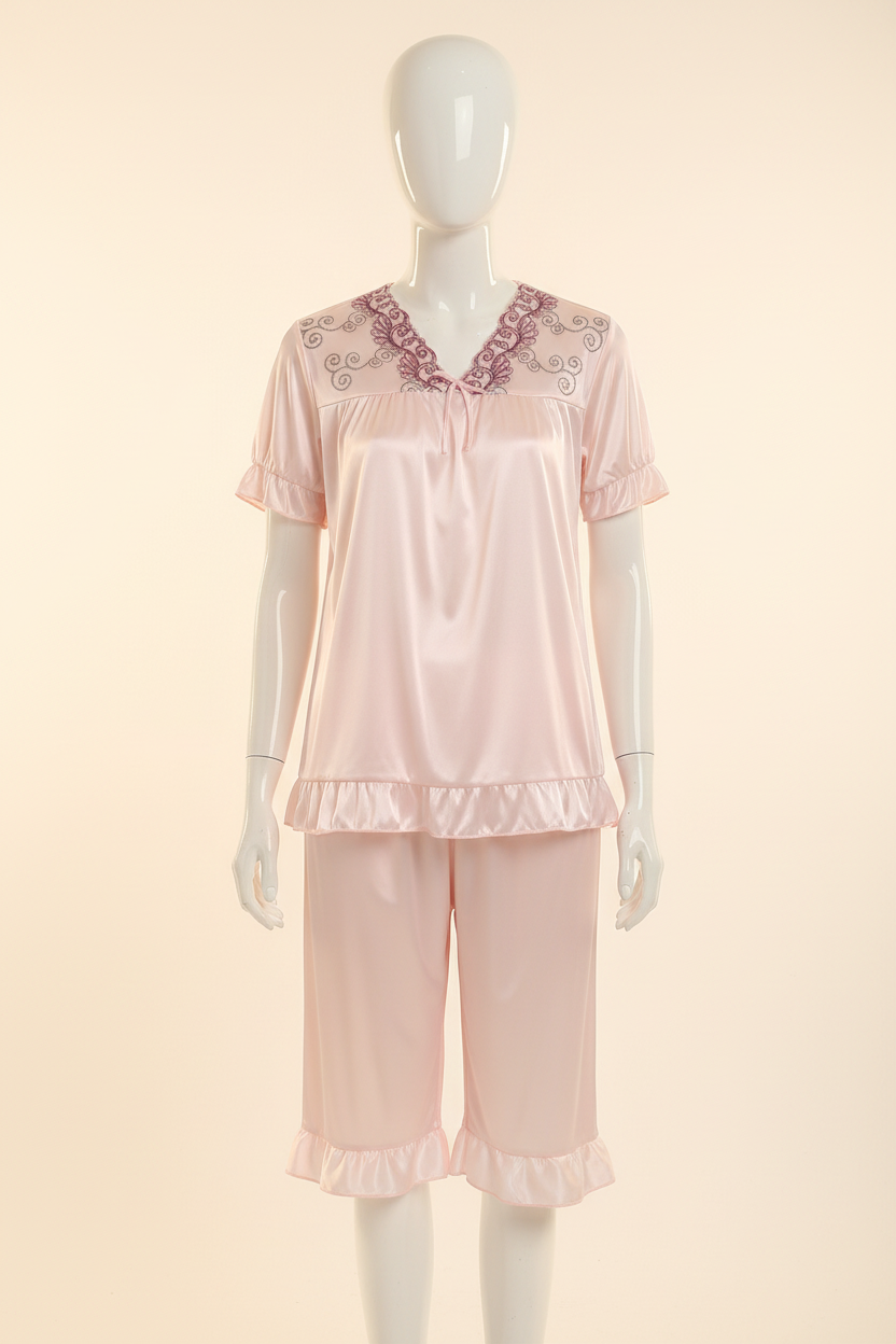 Pale pink satin short-sleeve pajama set displayed on a faceless mannequin