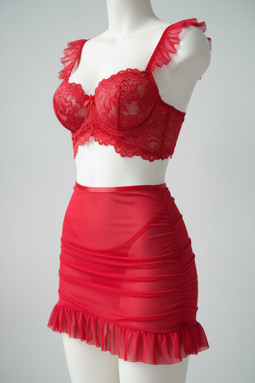 Red lace lingerie set with a ruffle skirt displayed on a mannequin