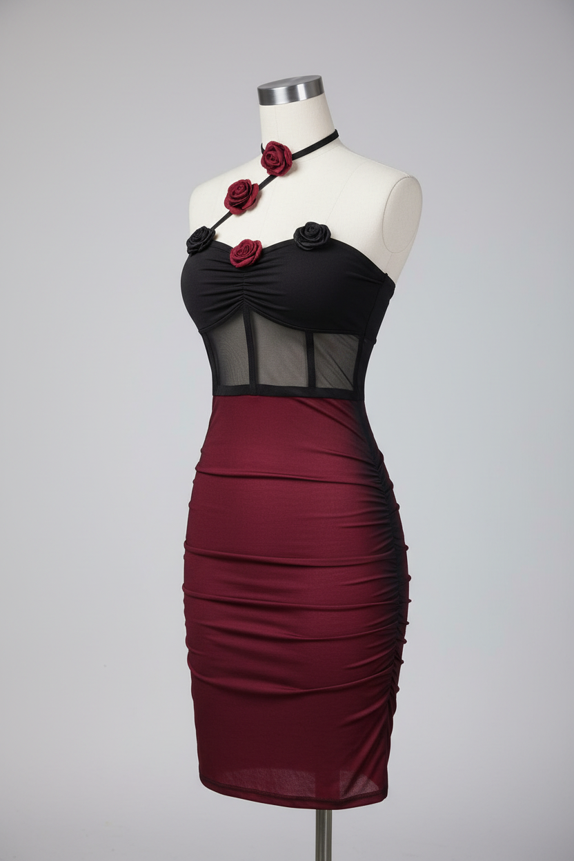 Black and burgundy rose detail dress displayed on a covered mannequin