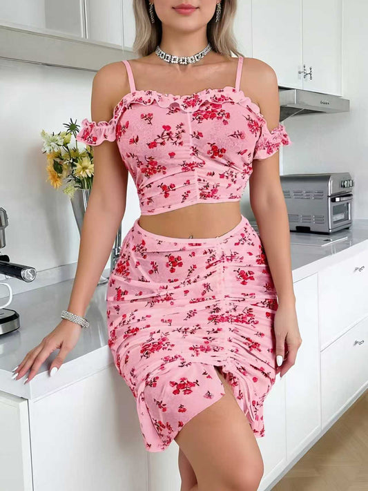 Pink Floral Off-Shoulder Two-Piece Dress Set