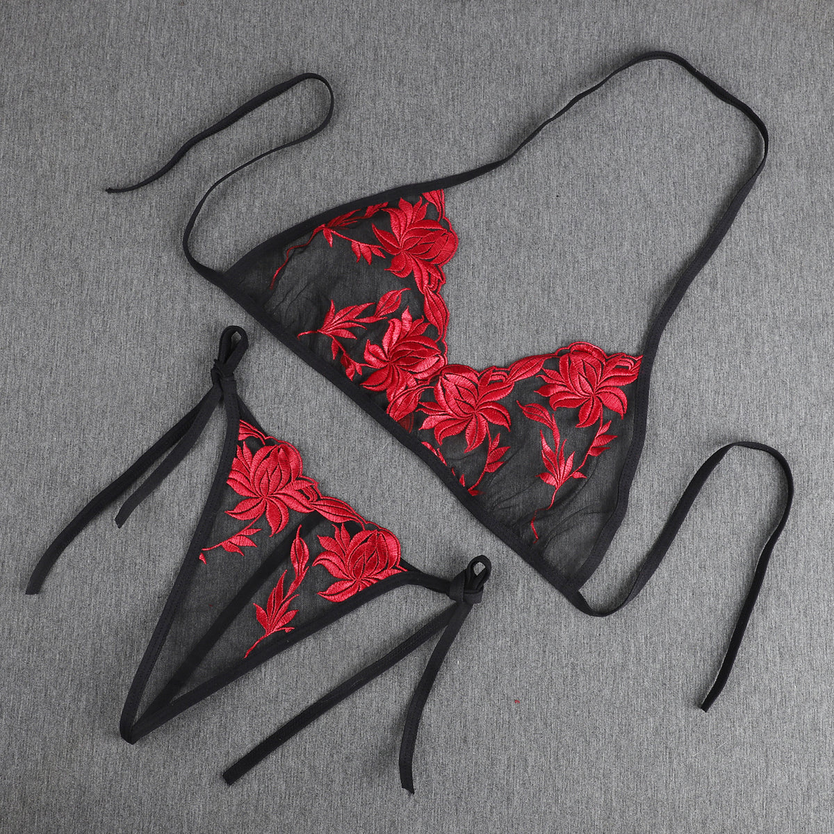 Black and Red Floral Lace Lingerie Set