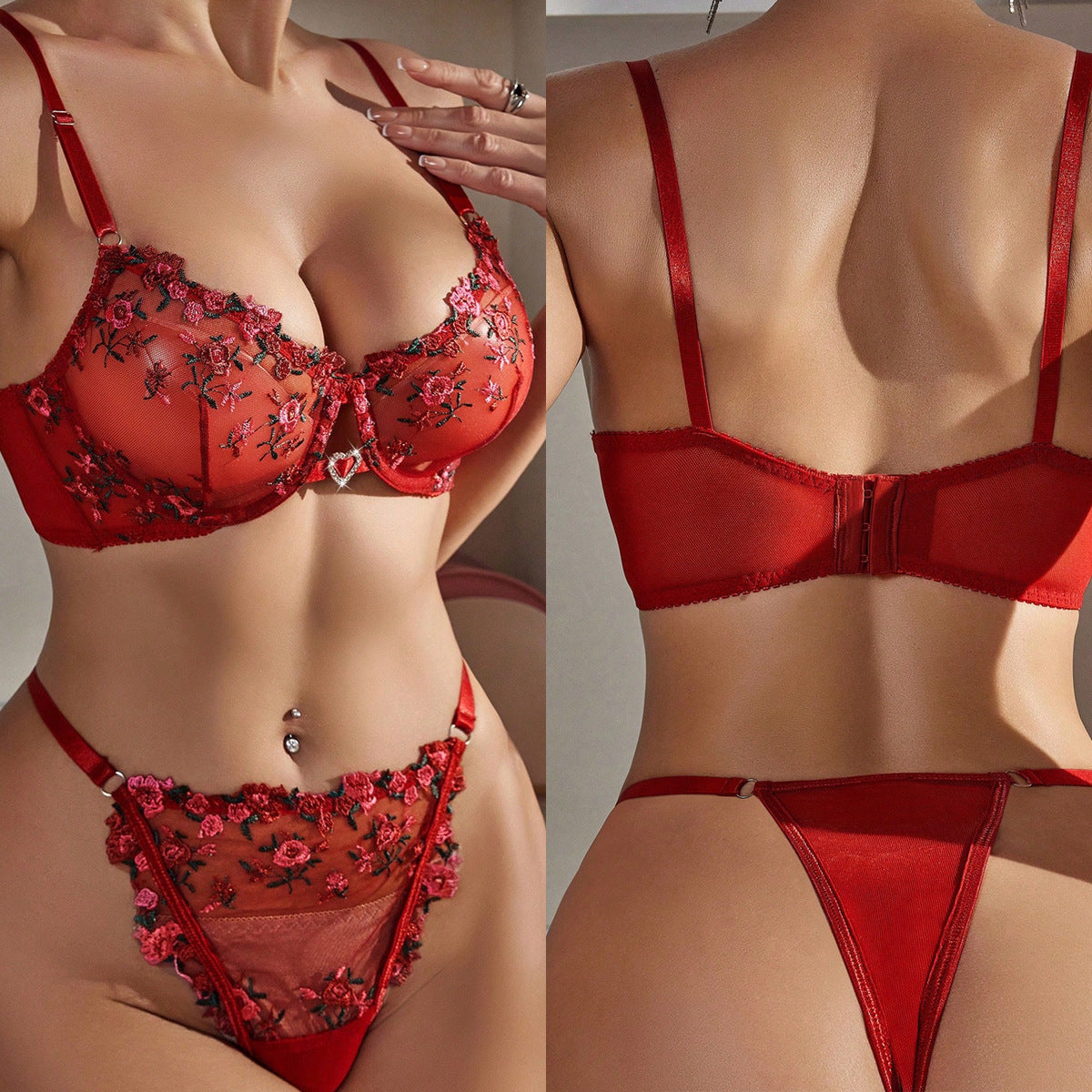 Red Floral Embroidered Lingerie Set